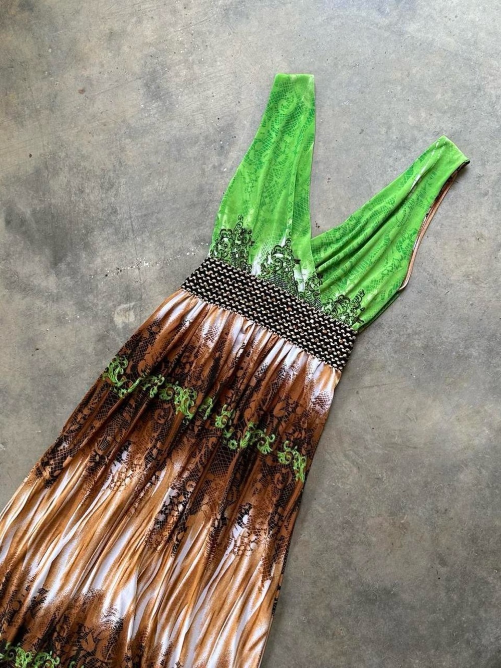 Green and brown maxi dress with gold sequins on waistband